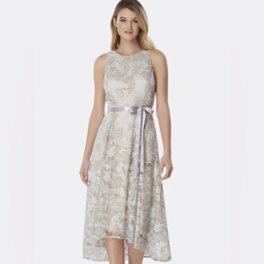Tahari Embroidered Lace Overlay Sleeveless hi low floral belted Midi dress, sz 8